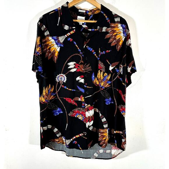 Guess Mens Black‎ Bead Feather Print Regular Fit Short Sleeve XL - Picture 1 of 10